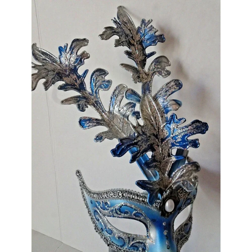 Beautiful Venetian Hand Painted Mask Venice Blue Masquerade with Handle Dated